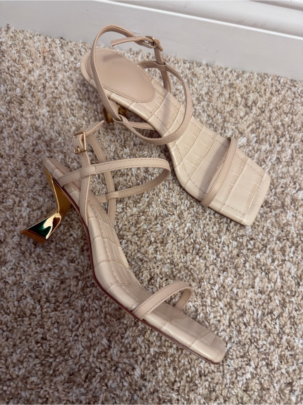 ANTONIO MELANI Nude Croc-Embossed Strappy Heeled Sandals with Gold Sculpted Heel